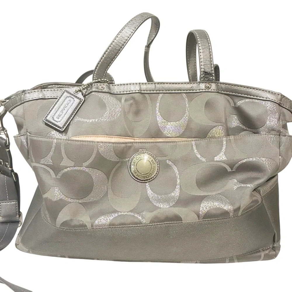 COACH GRAY Signature Stripe Carryall Diaper Bag Canvas Large Tote